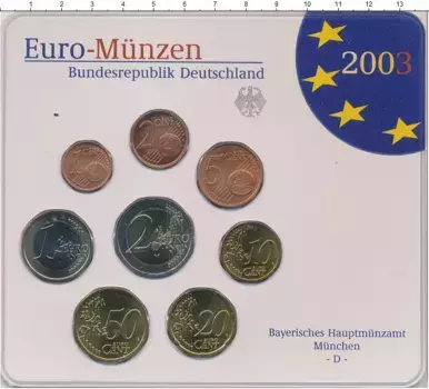 Набор монет Монеты 2003, Чеканка Мюнхен Германии 2003 года ? Евронабор 2003 года, Чеканка Мюнхен (D)? Приветствую вас, дорогие нумизматы и коллекционеры! Перед вами эксклюзивный набор евромонет из сердца Европы - Германии ??