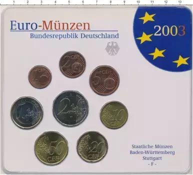 Набор монет Монеты 2003 (чеканка Штуттгарт) Германии 2003 года ? Евронабор 2003 года, чеканка Штуттгарта (F)? Приветствую вас, дорогие нумизматы и коллекционеры! Перед вами эксклюзивный набор евромонет из сердца Европы - Германии ??