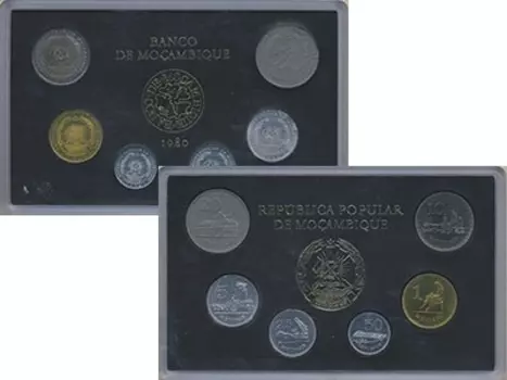 Набор монет Мозамбик 1980 Мозамбика 1980 года В наборе 6 монет номиналом 50 сентаво, 1 метикаль, 5 метикаль, 10 метикаль, 20 метикаль, 25 метикаль