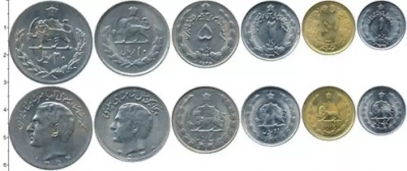 Набор монет Набор 1974-77 годов Ирана Набор из шести монет, номиналами: 50 динар (латунь), 1, 2, 5, 10, 20 риалов (медно-никель)