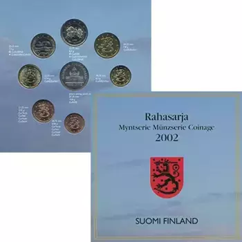 Набор монет Набор 2002 года Финляндии 2002 года Набор из восьми монет регулярной чеканки и памятного жетона: 1, 2, 5 евроцентов (сталь плакированная бронзой), 10, 20, 50 евроцентов (сплав Нордик Голд), 1 и 2 евро (биметалл)