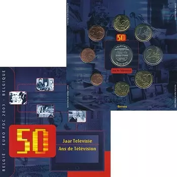 Набор монет Набор 2003 года Бельгии 2003 года Набор из восьми монет регулярной чеканки от 1 евроцента до 2 евро и памятный жетон посвященный телевидению