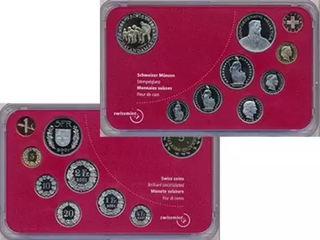 Набор монет Набор 2003 года Швейцарии 2003 года В набор входит восемь монет регулярной чеканки номиналами: 1 раппен (бронза), 5 раппен (латунь), 10, 20 раппен, 1/2, 1, 2, 5 франков (медно-никель), а так же памятная монета номиналом 5 франков (биметалл) посвященная Празднику проводы зимы в Граубюндене