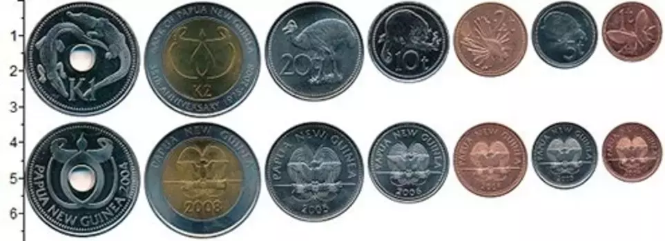 Набор монет Набор 2004-2008 Папуа-Новой Гвинеи В наборе 7 монет номиналом 1,2,5,10,20 тоа, 1 и 2 кина 2004-2008 гг