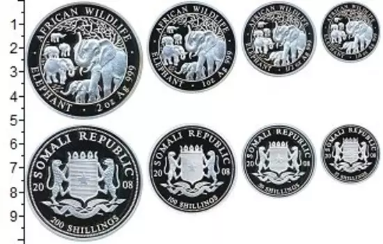 Набор монет Набор 2008 года Сомали 2008 года Серебро В наборе 4 монеты номиналом 200, 100, 50, 25 шиллингов