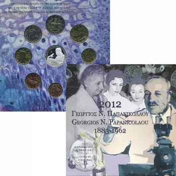 Набор монет Набор 2012 года Греции 2012 года Набор из 8 монет номиналом от 1 евроцента до 2 евро, а так же юбилейная монета номиналом в 10 евро отчеканенная в качестве Proof из серебра 925 пробы, вес 9,75 грамм