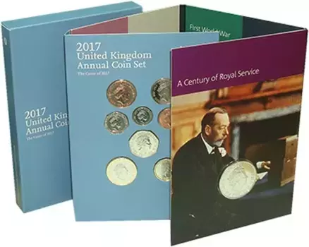 Набор монет Набор 2017 года Англии 2017 года `В набор входят восемь монет регулярной чеканки (впервые биметалльная монета номиналом 1 фунт),а так же пять памятных монет: 50 пенсов - 330 лет опубликования книги ``Математические начала натуральной философии``, 2 фунта - 200 лет со дня смерти писательницы Джейн Остин, 2 фунта - Авиация в Первой мировой войне, 5 фунтов - 1000 лет коронации Кнуда I, и 5 фунтов - 100 лет Виндзорской династии