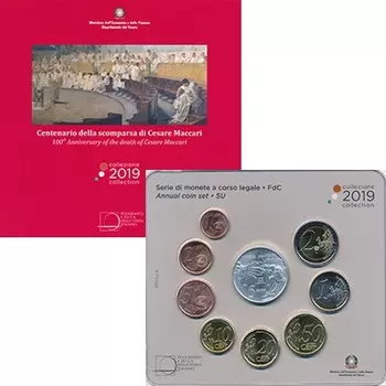 Набор монет Набор 2019 года Италии 2019 года В набор входят восемь монет регулярной чеканки от 1 евроцента до 2 евро, а так же памятная монета номиналом 5 евро (Серебро 925