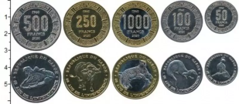 Набор монет Набор 2020 года Габона 2020 года В наборе 5 монет номиналом 50,100,250,500 и 1000 франков