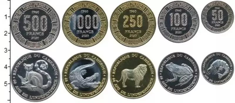 Набор монет Набор 2021 года Камеруна 2020 года В наборе 5 монет номиналом 50,100,250,500 и 1000 франков