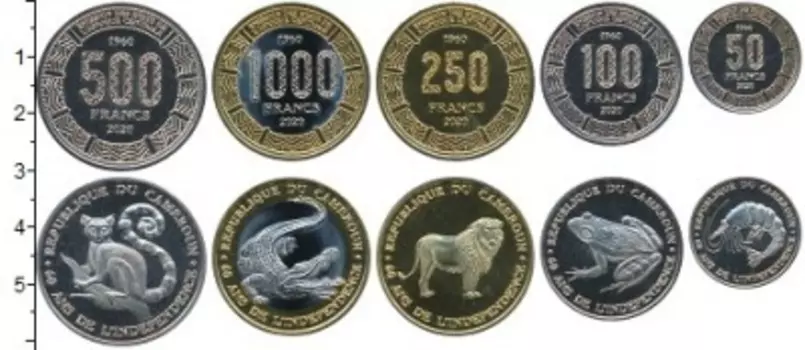 Набор монет Набор 2021 года Камеруна 2020 года В наборе 5 монет номиналом 50,100,250,500 и 1000 франков