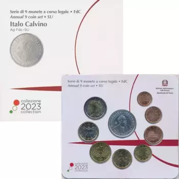 Набор монет Набор 2023 года Италии 2023 года Набор из 9 монет: 8 монет регулярного чекана от 1 евроцента до 2 евро и 5 евро Итало Кальвино (Серебро)