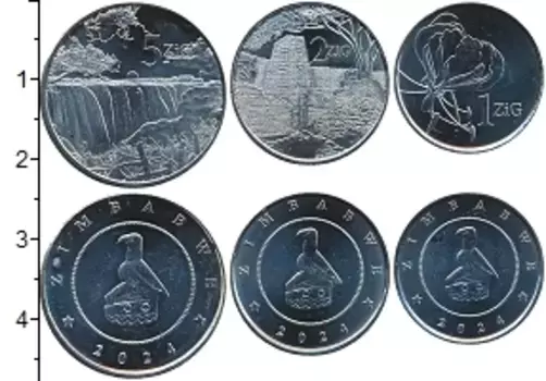 Набор монет Набор 2024 года Зимбабве 2024 года В наборе 3 монеты номиналом 1, 2 и 5 зиг