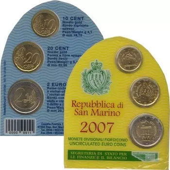Набор монет Набор евромонет 2007 года Сан-Марино 2007 года В наборе 3 монеты Сан-Марино 2007 года: 10 евроцентов, 20 евроцентов, 2 евро (биметалл)