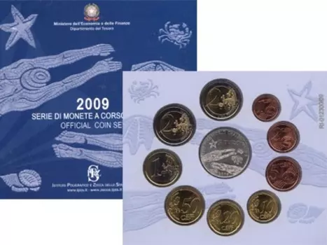 Набор монет Набор евромонет 2009 Италии 2009 года Набор состоит из 10 монет номиналом 5 евро(серебро),2 евро(биметалл), 2 евро(биметалл), 1 евро(биметалл), 50 центов, 20 центов, 10 центов, 5 центов, 2 цента, 1 цент