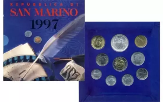 Набор монет Набор: Искусство и общение Сан-Марино 1997 года "Знать прошлое, чтобы построить будущее: этот девиз объединяет последние 5 серий разменных монет XX века