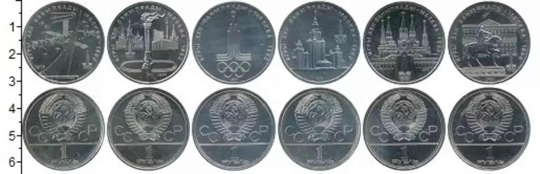 Набор монет Набор из 6 монет (Олимпиада 80) СССР Медно-никель В наборе 6 монет номиналом 1 рубль каждая
