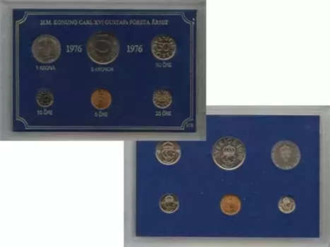 Набор монет Набор монет 1976 года Швеции 1976 года `В наборе 6 монет номиналами 5 эре, 10 эре, 25 эре, 50 эре, 1 крона и 5 крон