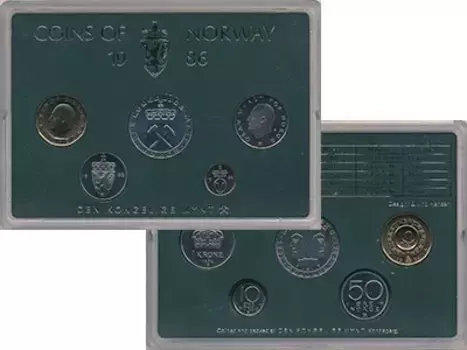 Набор монет Набор монет 1986 года Норвегии 1986 года В набор входят пять монет регулярной чеканки: 10 и 50 эре, 1 крона и 5 крон (медно-никель), 10 крон (латунь)