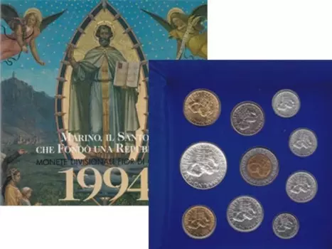 Набор монет Набор монет 1994 года Сан-Марино 1994 года "На монетах изображена жизнь каменотеса, который, по преданию, и подарил жизнь маленькой республике на берегу Адриатического моря
