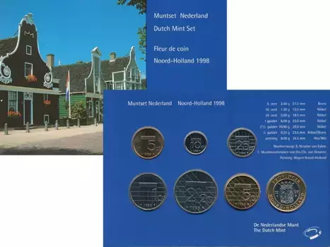 Набор монет Набор монет 1998 года Нидерланд 1998 года В наборе 6 монет (5 центов, 10 центов, 25 центов, 1 гульден, 2 1/2 гульдена, 5 гульденов) и токен, посвященный провинции Северная Голландия, биметалл