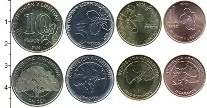Набор монет Набор монет Аргентины 2020 года В наборе 4 монет номиналом 10,5 и 1 песо 2020 года, 2 песо 2018 года