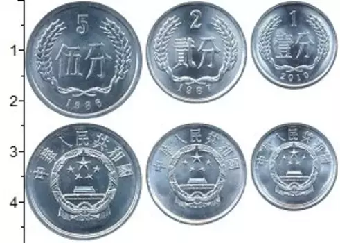Набор монет набор монет Китая Алюминий В наборе 3 монеты номиналом 1 фен 2010, 2 фен 1987 и 5 фен 1986