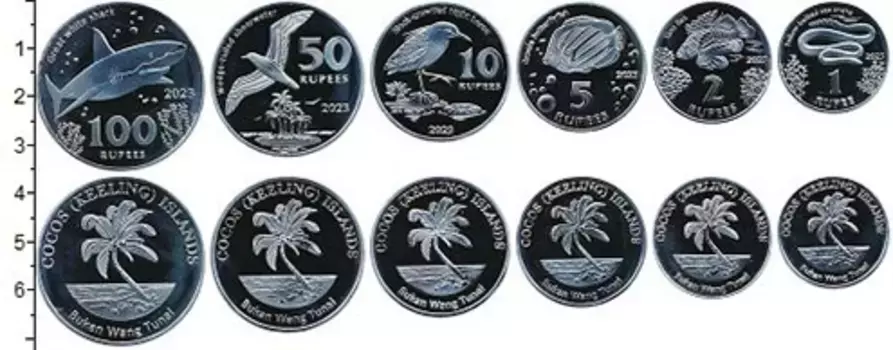 Набор монет набор монет Кокосовых островов 2023 года Медно-никель Набор из 6 монет Кокосовых островов, в набор входит 1 рупия морской желтопузик,2 рупии рыба лев,5 рупий рыба бабочка,10 рупий кулик,50 рупий чайка и 100 рупий большая акула флора и фауна островов
