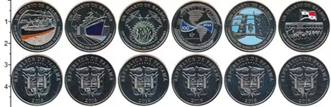 Набор монет набор монет Панамы 2016 года Медно-никель В наборе 6 монет номиналом 1/4 бальбоа 100 лет строительства Панамского канала, цветные