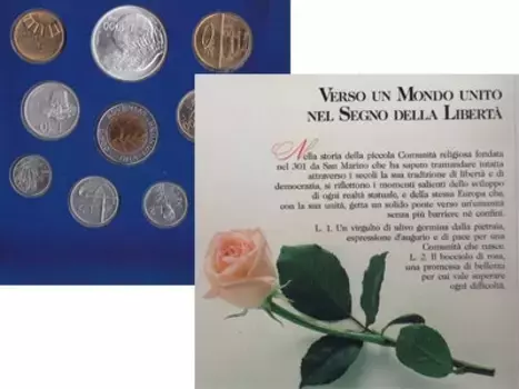 Набор монет Набор: В истории Европы - залог ее будущего Сан-Марино 1993 года Маленькая республика Сан Марино, основанная в 301 году, смогла сквозь века пронести основные принципы государства: свобода, единство, демократия