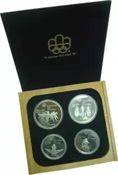 Набор монет Олимпийские игры в Монреале 1976 Канады 1974 года Серебро Набором монет, посвящённых Олимпийским играм – Монреаль 1976 ? ? Историческая олимпиада, которая показала миру великолепие и размах Канады, а также уникальный случай, когда хозяева игр не завоевали ни одной золотой медали