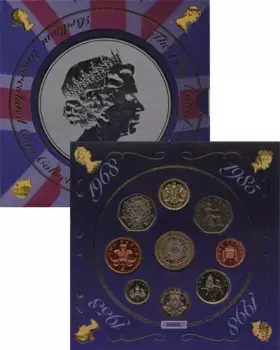 Набор монет Портрет Елизаветы - национальный символ Англии 1998 года Набор монет состоит из 9 монет номиналом в 1 пенни, 2 пенса, 5 пенсов, 10 пенсов, 20 пенсов, 50 пенсов (2 штуки),1 фунт, 2 фунта биметалл