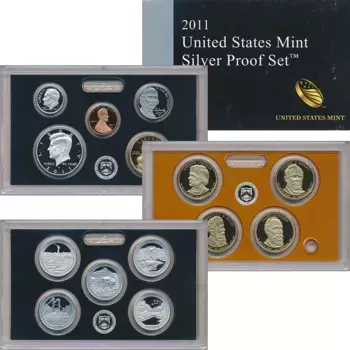 Набор монет Пруф-сет 2011 года Америки 2011 года Серебро ? Набор монет "2011 United States Mint Silver Proof Set" ? Представляем вам эксклюзивный подарочный пруф-сет 2011 года от Монетного двора США, воплощение нумизматического мастерства и американской истории