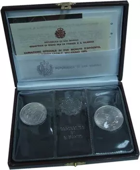 Набор монет Рафаэль Санти Сан-Марино 1983 года Серебро Набор посвящен итальянскому живописцу, графику и архитектору, представителю флорентийской школы живописи, Рафаэлю Санти (1483 - 1520)