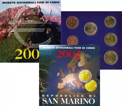 Набор монет Регулярный выпуск 2002 Сан-Марино 2002 года Евро был введён в Сан-Марино 1 января 2002 года, заменив прежнюю валюту — санмаринскую лиру