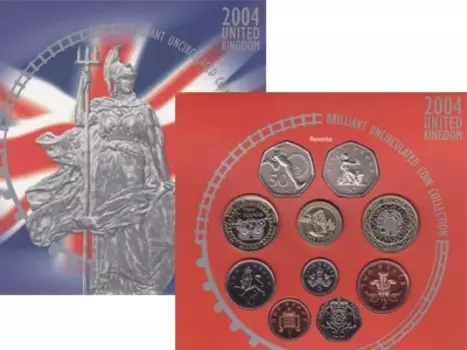 Набор монет Регулярный выпуск 2004 Англии 2004 года Набор монет состоит из 10 монет номиналом в 1 пенни, 2 пенса, 5 пенсов, 10 пенсов, 20 пенсов, 50 пенсов (2 штуки),1 фунт, 2 фунта биметалл(2 штуки)