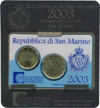 Набор монет Сан-Марино 2003 Сан-Марино 2003 года Латунь ? Набор из 2-х монет "Сан-Марино 2003" ? Встречайте эксклюзивный набор монет из Сан-Марино, в который входят 20 и 50 евроцентов, выпущенных в 2003 году