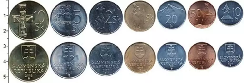 Набор монет Словакия 1996-2007 Словакии В наборе 7 монет номиналом 10 крон, 5 крон, 2 кроны, 1 крона, 50 хеллеров, 20 хеллеров, 10 хеллеров