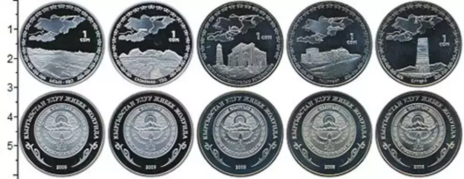 Набор монет сом Киргизии Медно-никель В наборе 5 монет номиналом 1 сом 2008-2009 года