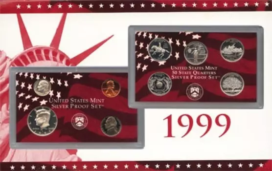 Набор монет США 1999 Америки 1999 года `Подарочный набор состоит из 9 монет достоинством 1 цент , 5 центов , 10 центов , 50 центов и 5-ти монет номиналом 25 центов,так называемых ``квотеров``