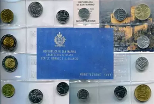 Набор монет Стандартный выпуск 1991 года Сан-Марино 1991 года 1 лира (0,625 грамм, 17,2 мм), 2 лиры (0,8 грамм, 18,3 мм), 5 лир (1 грамм, 20,2 мм), 10 лир (1,6 грамм, 23,3 мм), 20 лир (3,6 грамм, 21,8 мм), 50 лир (2,7 грамма, 16,55 мм), 100 лир (3,3 грамма, 18,3 мм), 200 лир (5 грамм, 24 мм), 500 лир (6,8 грамм, 25,8 мм), 1000 лир (серебро, 14,6 грамм, 31,4 мм)