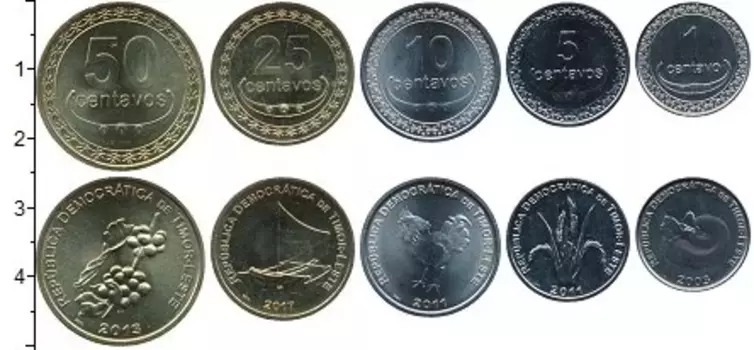 Набор монет Тимор 2003-2006 Тимора В наборе 5 монет номиналом 1 сентаво, 5 сентаво, 10 сентаво, 25 сентаво, 50 сентаво
