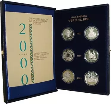 Набор монет VERSO IL 2000 Италии 2000 года Серебро Подарочный набор посвящен научно-техническому прогрессу с развитием духовности