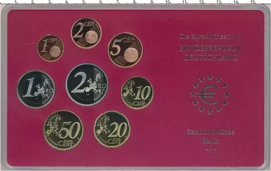 Набор монет Выпуск 2002 года, Чеканка Берлина Германии 2002 года В наборе 8 монет номиналом: 1,2,5,10,20,50 евроцентов и 1,2 евро