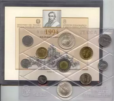 Набор монет Выпуск монет 1994 года Италии 1994 года Представляем Вам выпуск итальянских монет из обращения 1994 года Каждая монета из этого набора была отобрана с особой тщательностью, представляя собой образец непревзойденного качества UNC