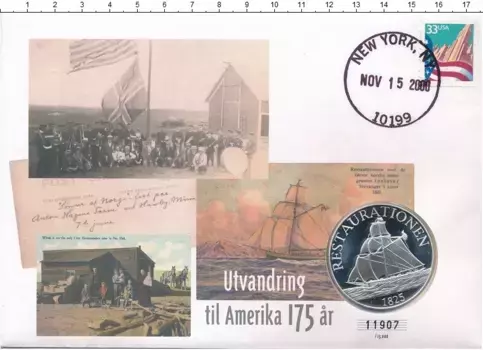 Набор монет Жетон Норвегии 2000 года Посеребрение 175 лет эммиграции в Америку