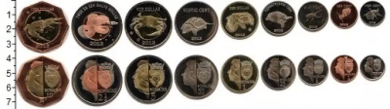 Набор монет Бонайре 2013 Бонайре 2013 года В наборе 9 монет номиналом 1 цент, 5 центов, 10 центов, 25 центов, 50 центов, 1 доллар, 2 1/2 доллара (биметалл), 5 долларов (биметалл), 10 долларов (биметалл)