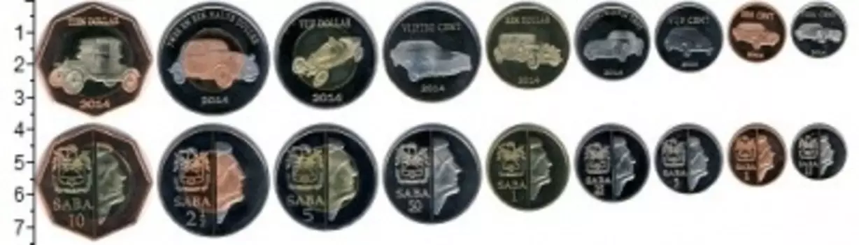 Набор монет Саба 2014 Сабы 2014 года В наборе 9 монет номиналом 1 цент, 5 центов, 10 центов, 25 центов, 50 центов, 1 доллар, 2 1/2 доллара, 5 долларов, 10 долларов