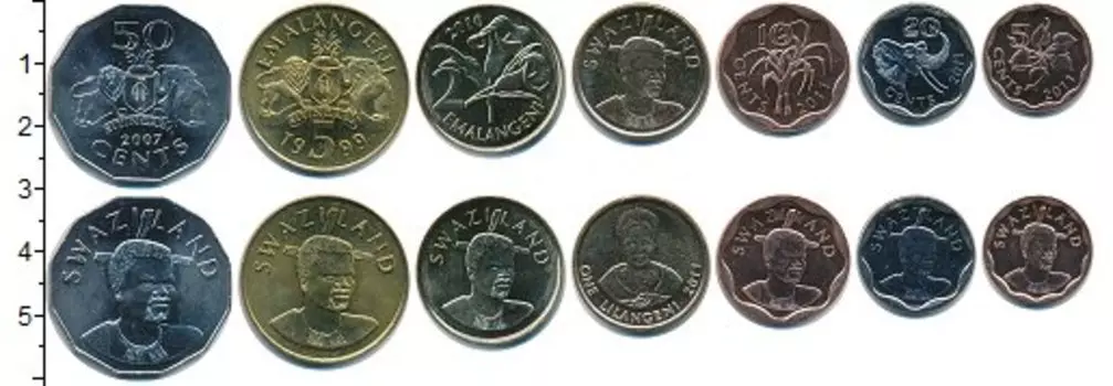 Набор монет Свазиленд 1999-2011 Свазиленда В наборе 7 монет номиналом 5 центов, 10 центов, 20 центов, 50 центов, 1 лилангени, 2 эмалангени, 5 эмалангени