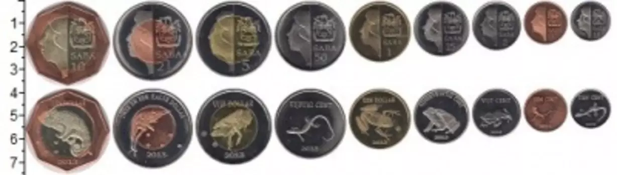 Набор монет Саба 2013 Сабы 2013 года В наборе 9 монет номиналом 1 цент, 5 центов, 10 центов, 25 центов, 50 центов, 1 доллар, 2 1/2 доллара (биметалл), 5 долларов (биметалл), 10 долларов (биметалл)